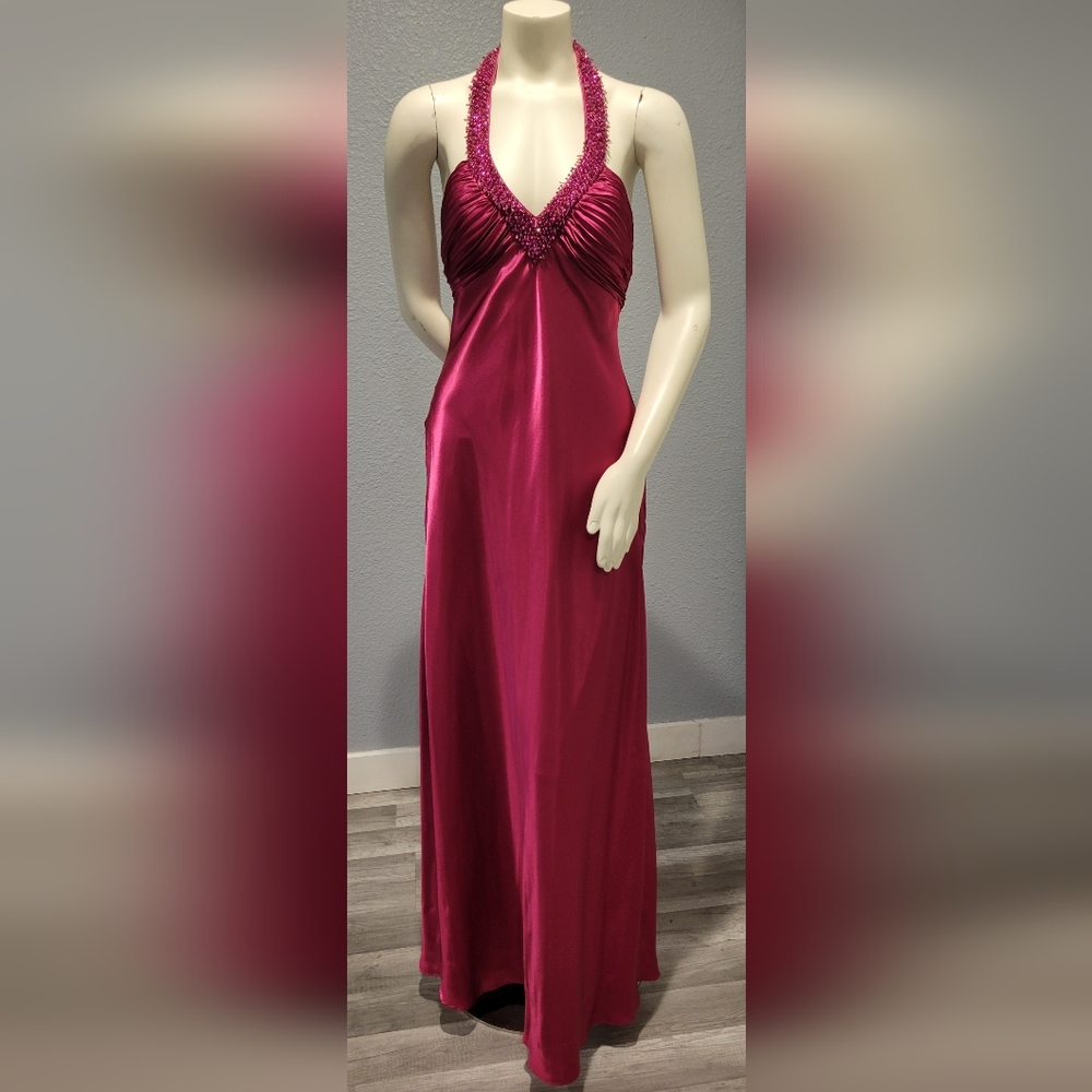 Vintage 90s Morgan And Co Formal Long Dress Barbie Pink Beaded Satin Size 13/14 - Picture 8 of 10